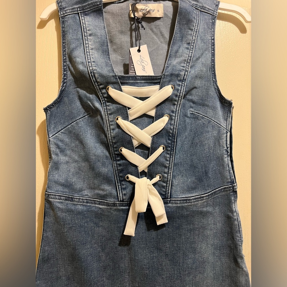 New Lola Jeans 4Way stretch Denim Dress elegant white bow wear w/white Addidas - Picture 7 of 11